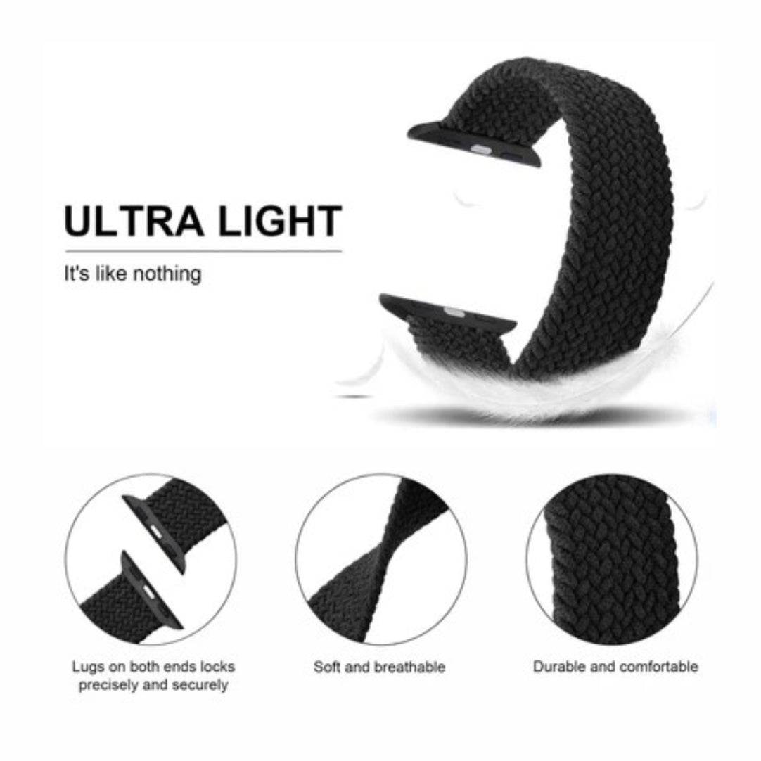 Black Braided Solo Loop Band for Apple Watch with ultra-light, breathable, and durable features highlighted for comfort and secure fit.