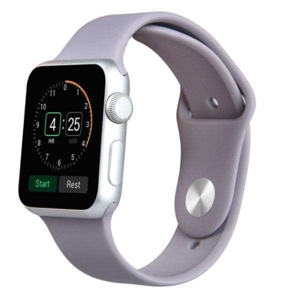 Silicone Apple Watch Band - Sport Strap in soft lavender gray, shown on Apple Watch face with fitness timer display. Durable, flexible fit for active use.