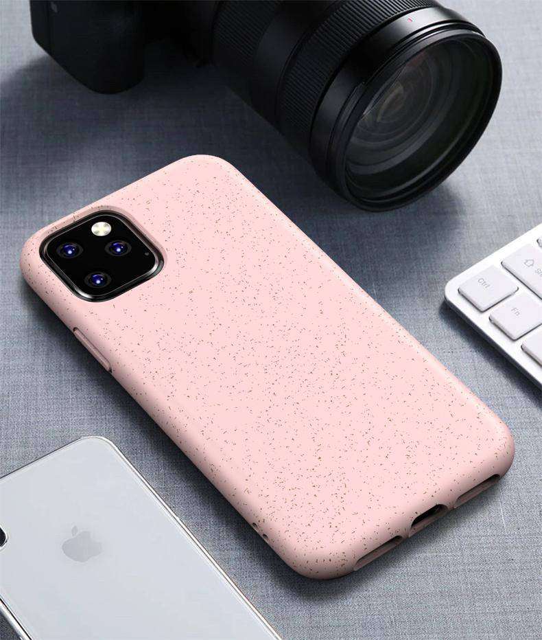 Light pink Eco-Friendly Slimline iPhone Case with speckled wheat straw texture, combining elegance with sustainability.