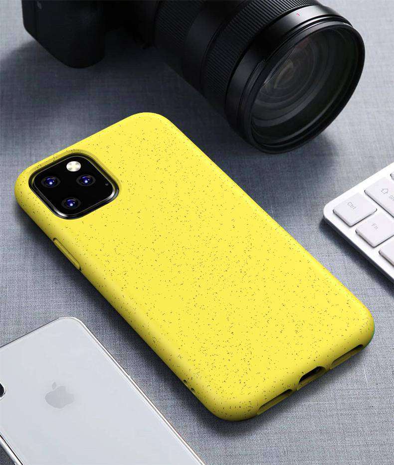 Bright yellow Eco-Friendly Slimline iPhone Case with natural speckled finish, designed for eco-conscious iPhone users.