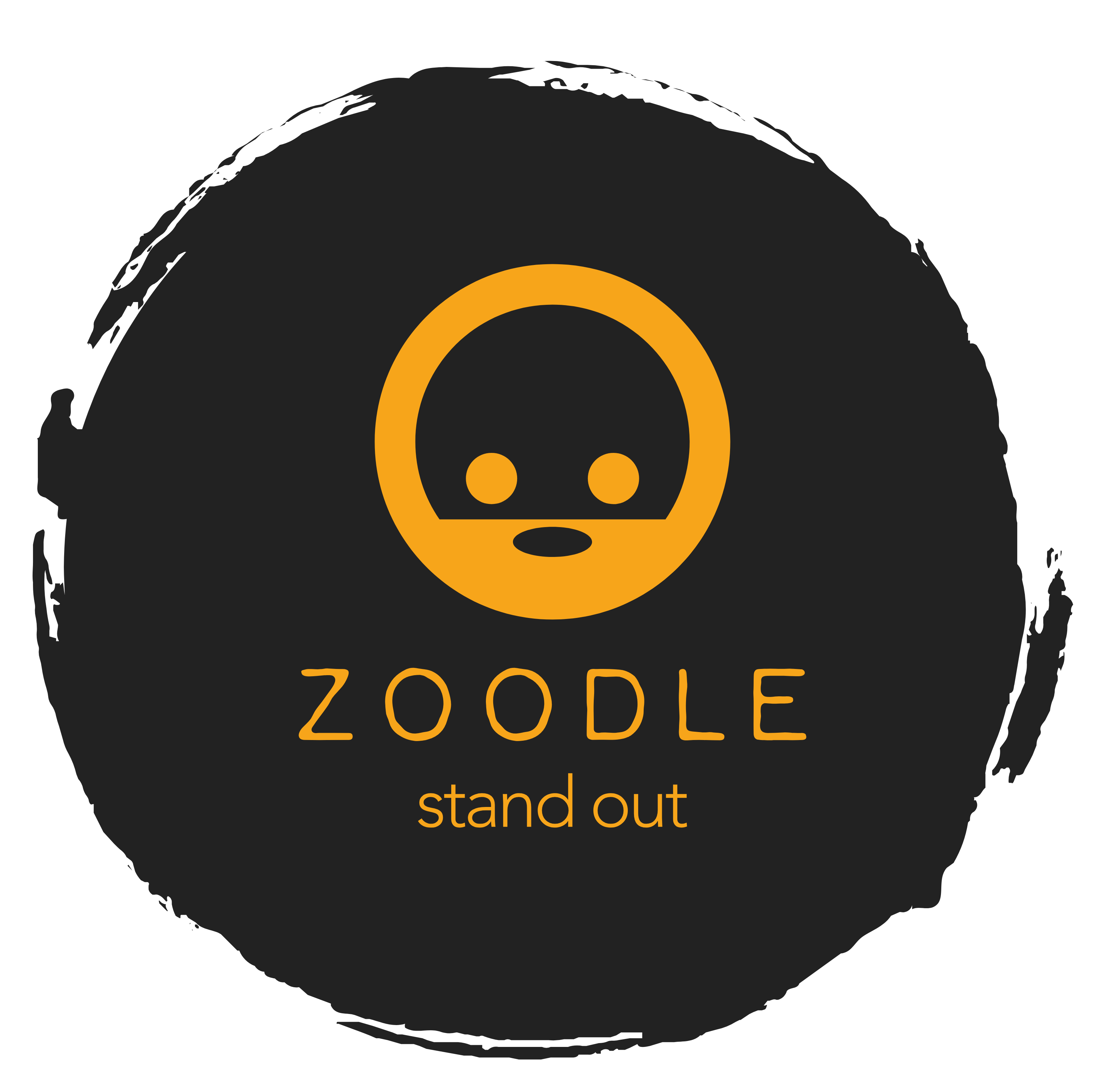 Zoodle logo with bold orange icon andstand out" tagline on black circle.