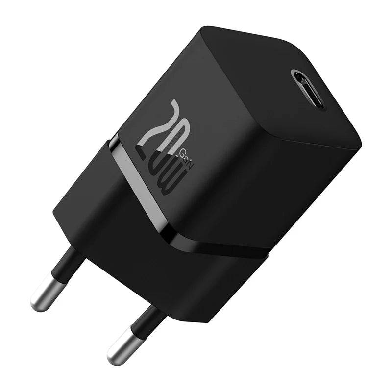 This is a black 20W USB-C fast wall charger with European plug pins. It features a compact design and is labeled20W GaN," indicating it uses Gallium Nitride technology for efficient high-speed charging.