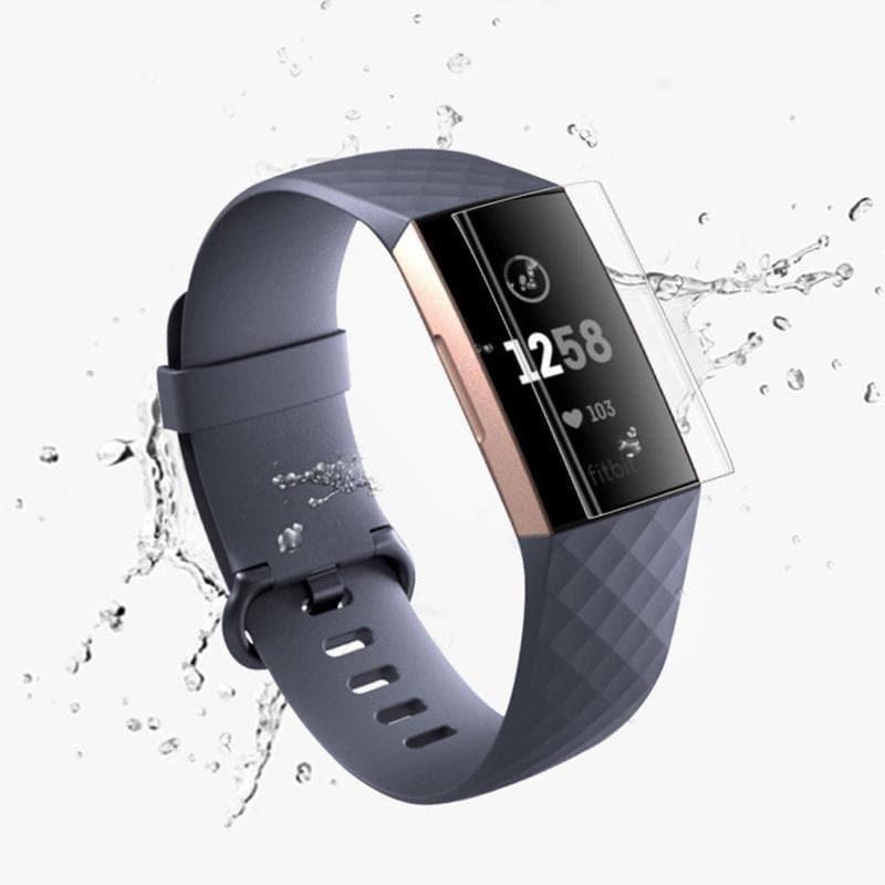 Waterproof Fitbit Charge fitness tracker with heart rate monitor display.