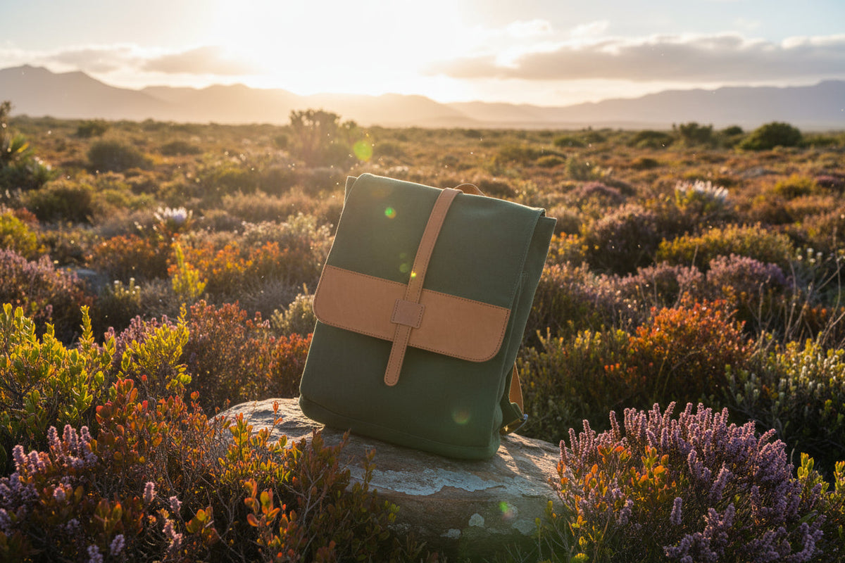 Backpack for macbook and laptops. Olive green with leather in cape fynbos nature