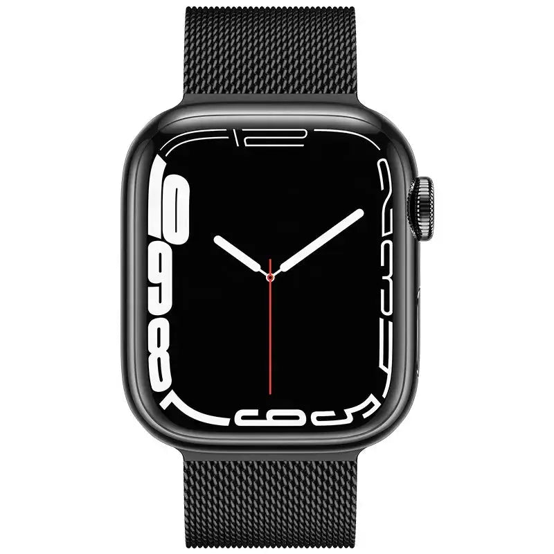 Sleek black stainless steel Apple Watch strap with modern mesh design
