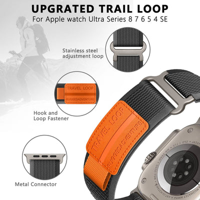 Close-up of Adventure Strap for Apple Watch showing hook and loop fastener, stainless steel adjustment loop, and metal connector for secure fit.