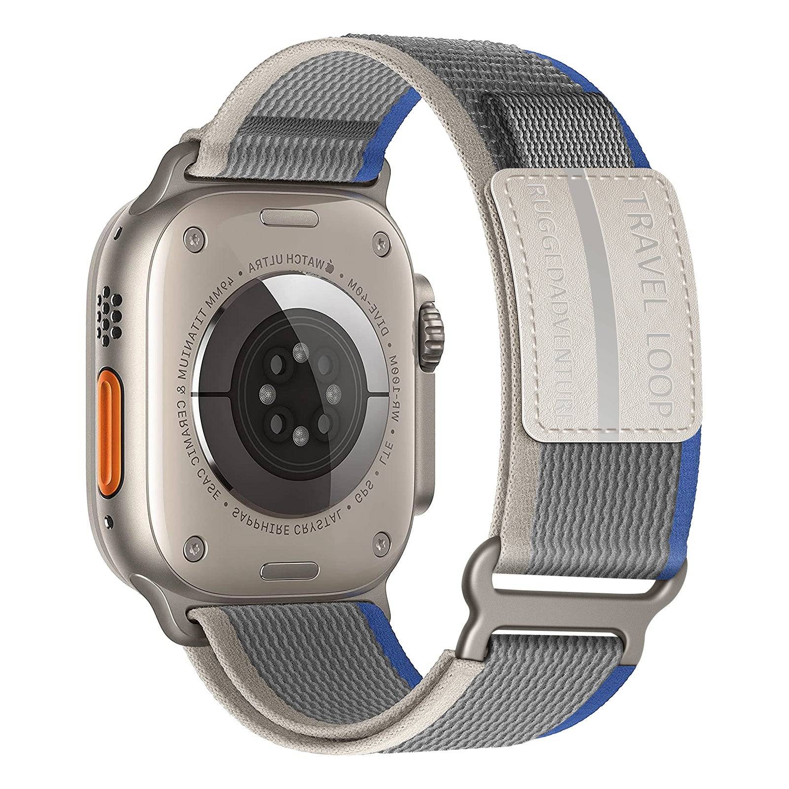 Adventure Strap for Apple Watch in gray and blue nylon with Velcro fastener, designed for rugged outdoor use and compatible with 38-49mm models.