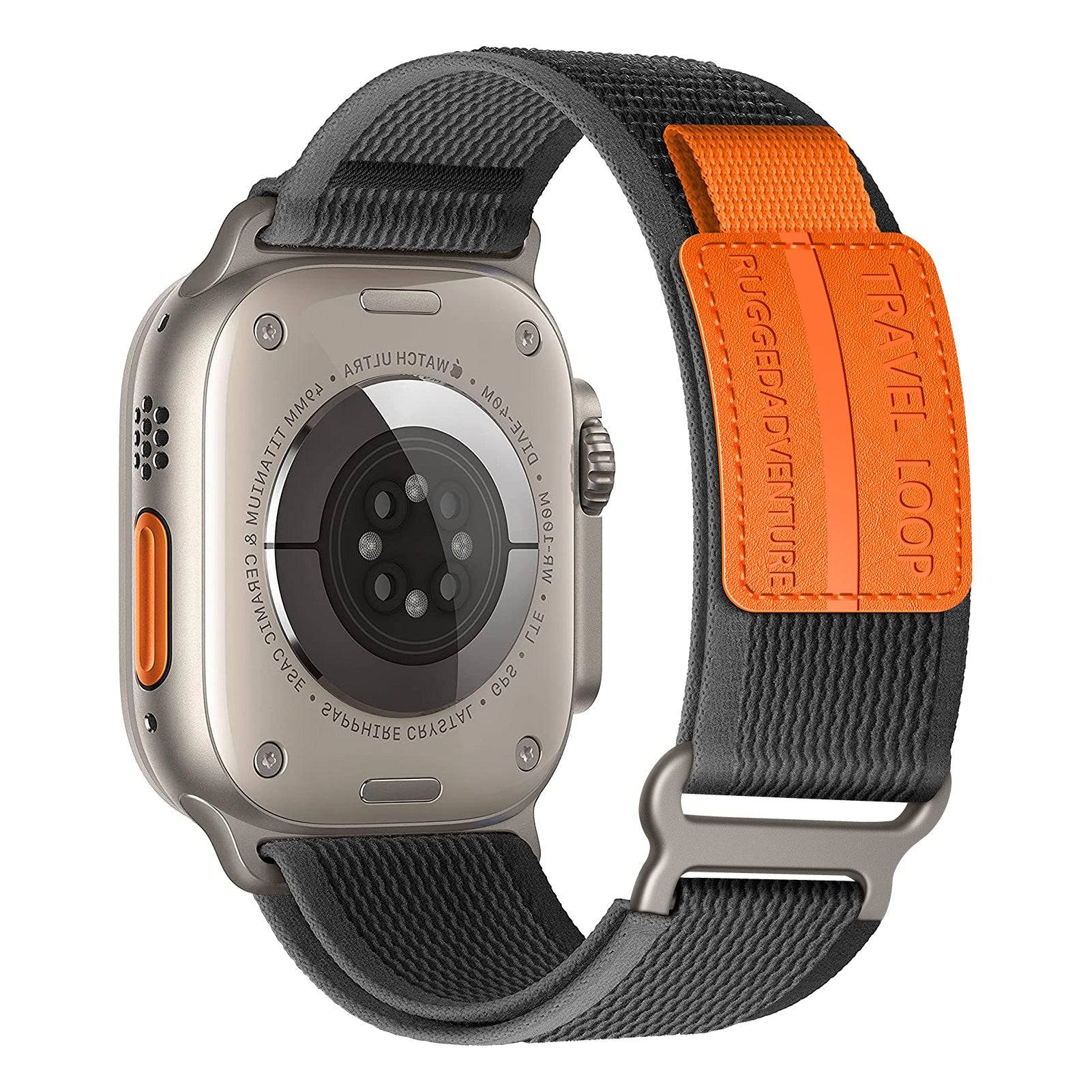 Black and orange Adventure Strap for Apple Watch featuring durable nylon and stainless steel loop, ideal for sports and outdoor adventures.