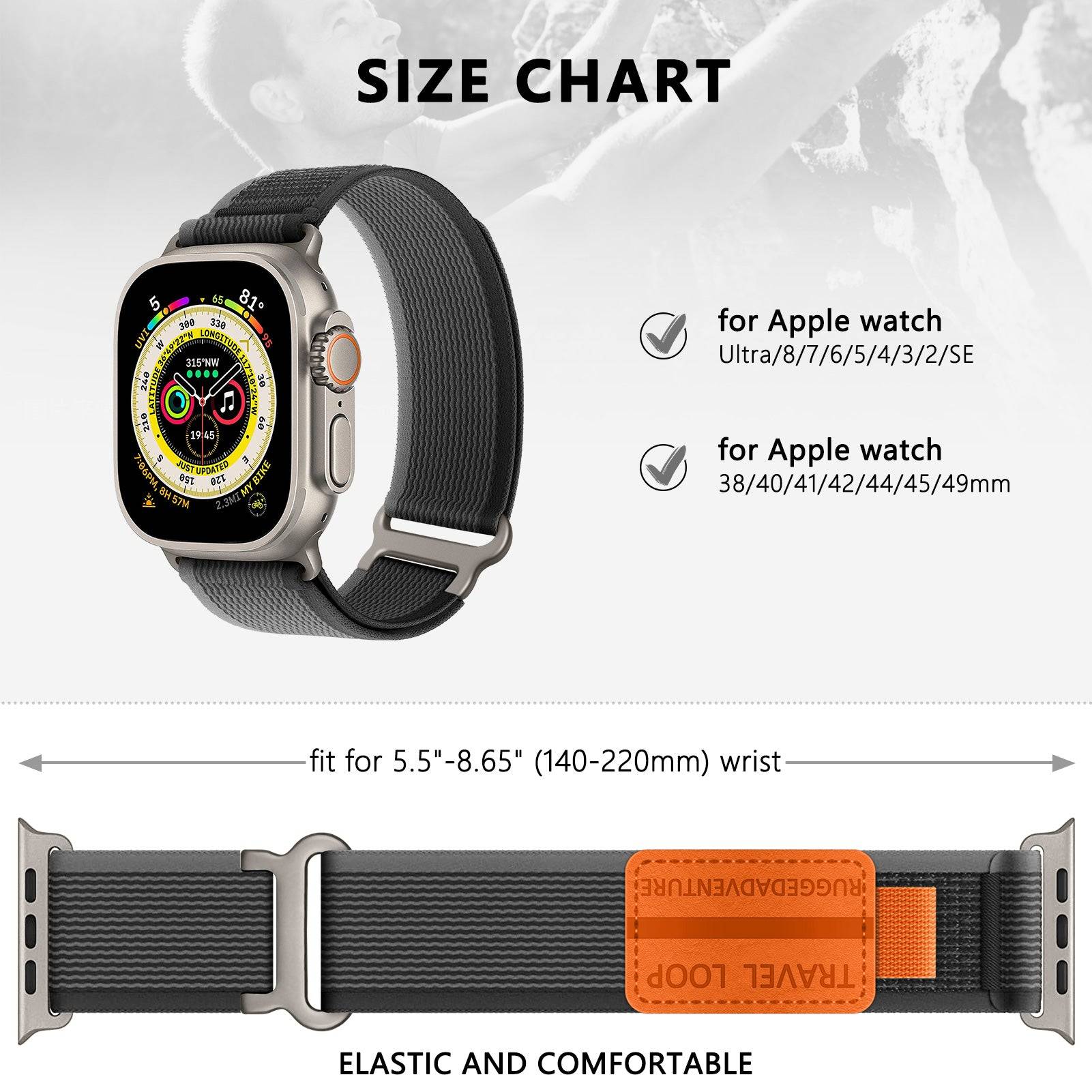 Size chart for Adventure Strap Apple Watch Zoodle, compatible with 38-49mm models and fits 5.5'' to 8.65'' wrists, elastic and comfortable design.