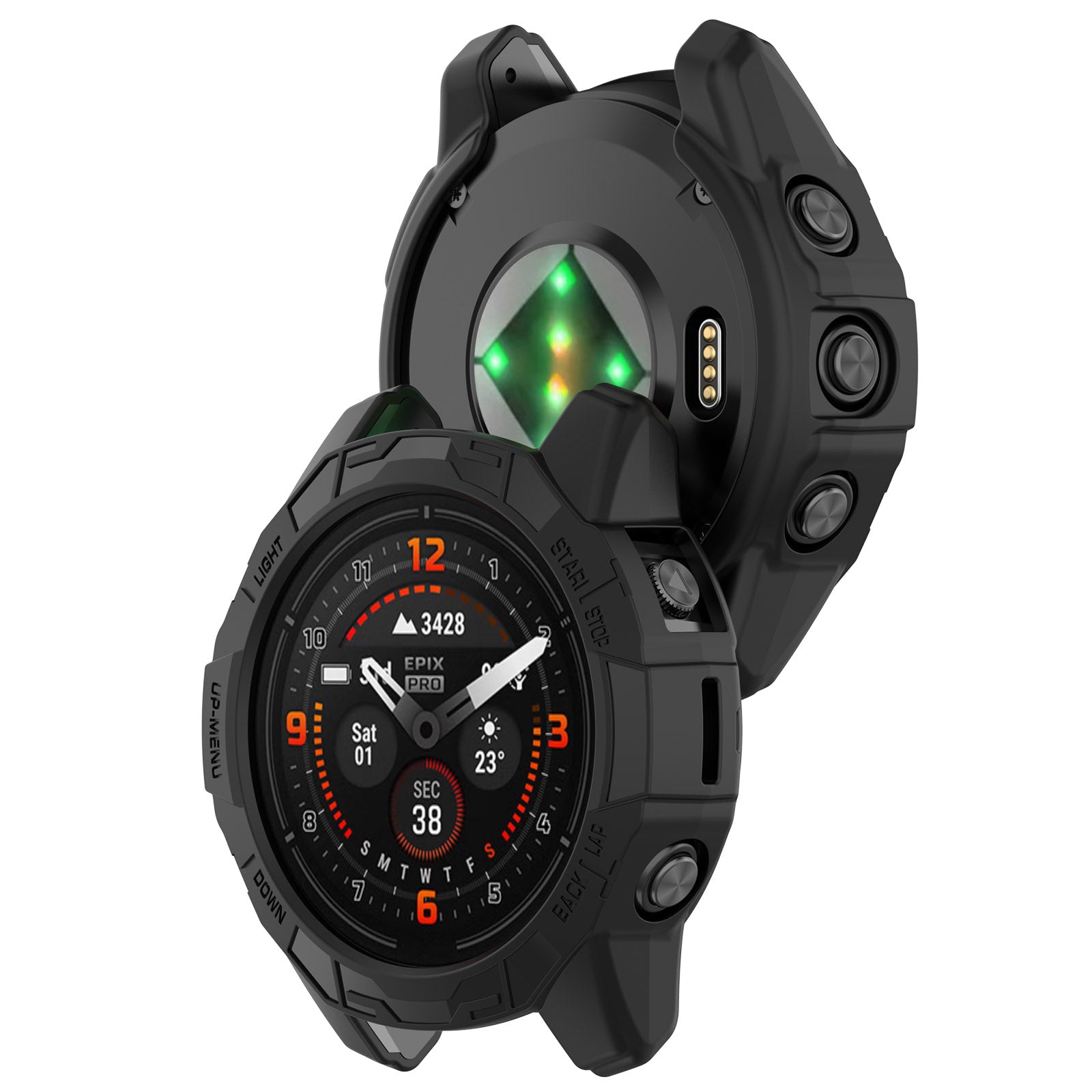 GARMIN Fenix E with rugged armor protective case, ensuring impact resistance and enhanced durability for outdoor and sports enthusiasts.