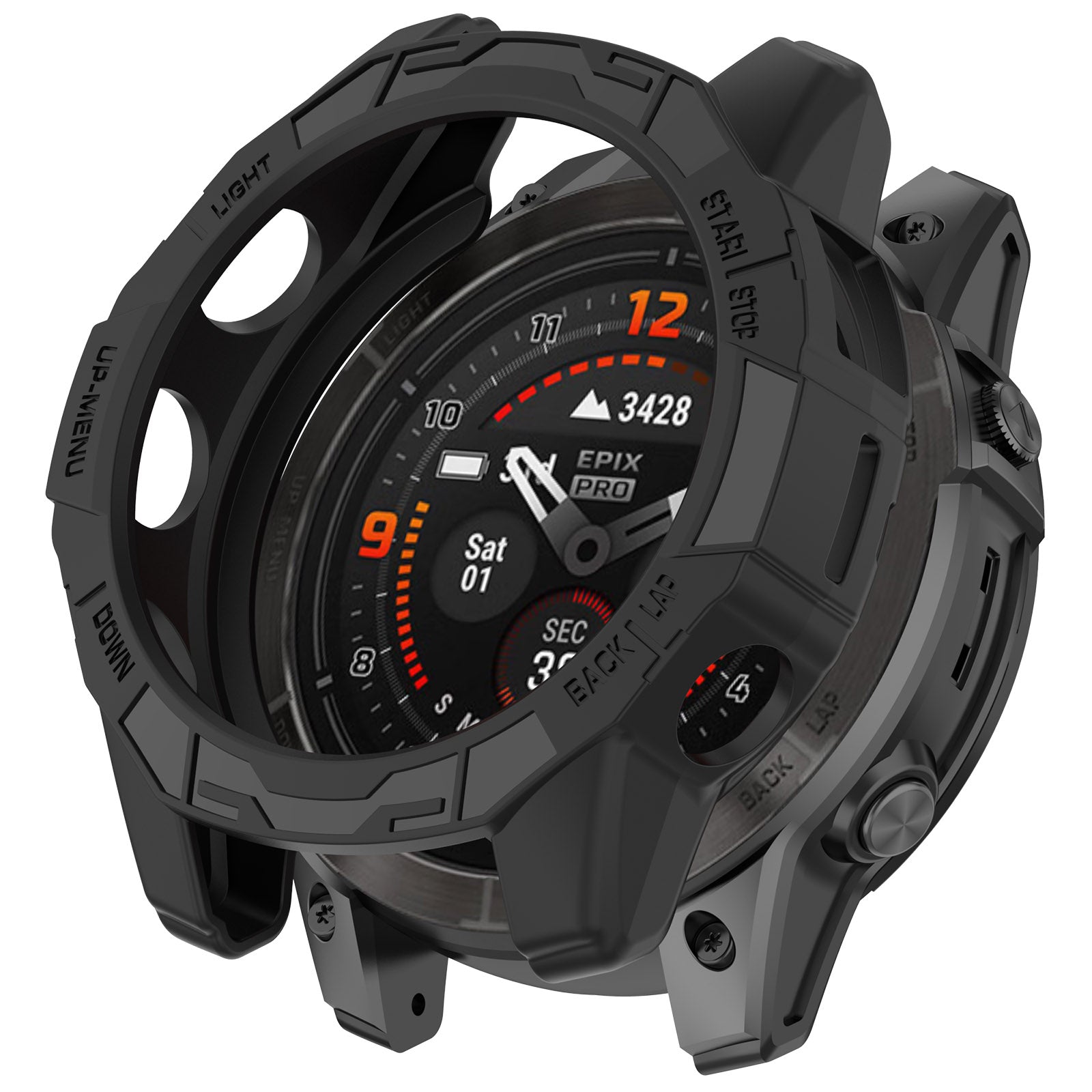 Armor Protective Case for GARMIN Fenix E, rugged black shockproof cover designed for durability and impact resistance in outdoor environments.