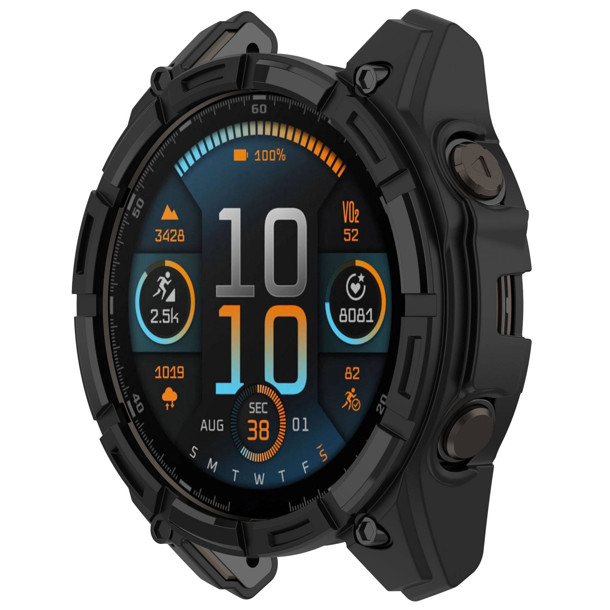 Fully installed Garmin Fenix 8 Solar Case from Zoodle with durable black armor design, enhancing grip and screen protection.