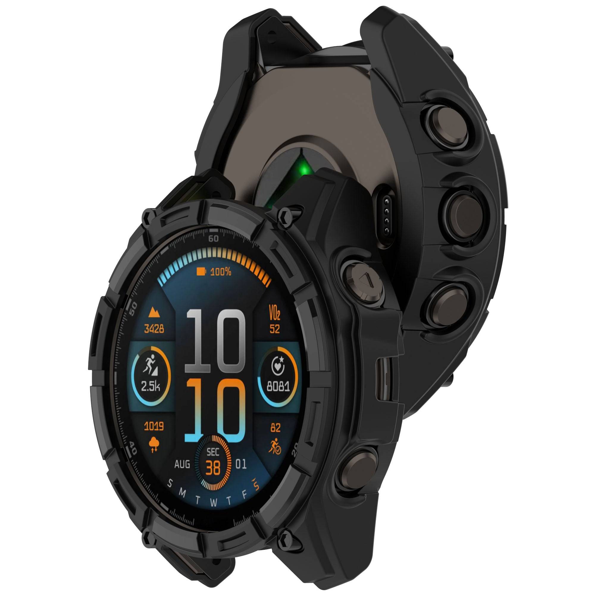 Rear and side view of Garmin Fenix 8 Solar Case installed on smartwatch, displaying button access and rugged protection.