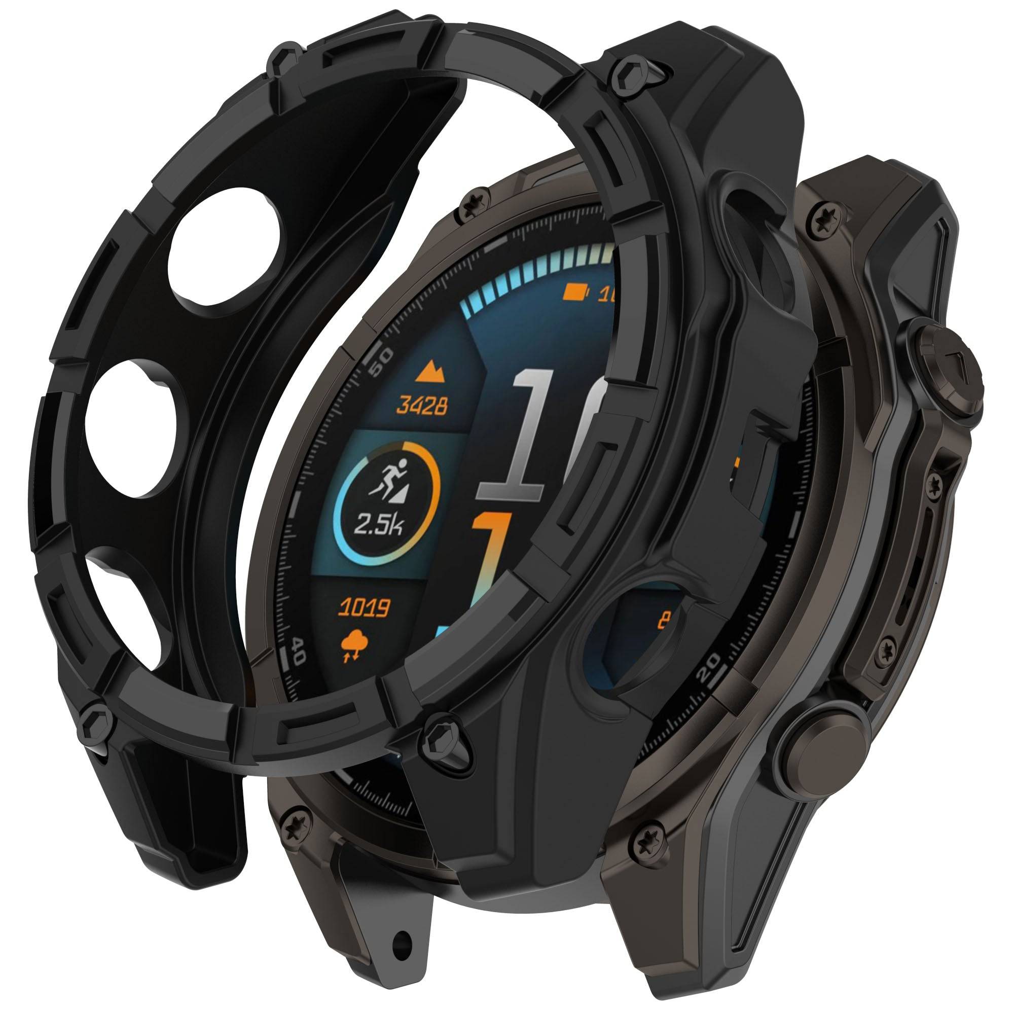 Garmin Fenix 8 Solar Case by Zoodle shown partially installed on smartwatch, offering rugged shockproof protection and precise fit.