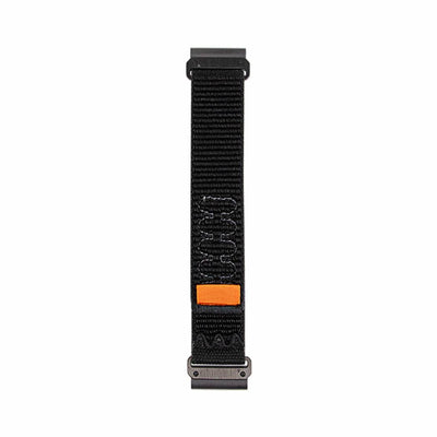 Black Comfort Nylon Velcro Band for GARMIN laid flat, showing durable stitching and orange Velcro tab for secure fit.