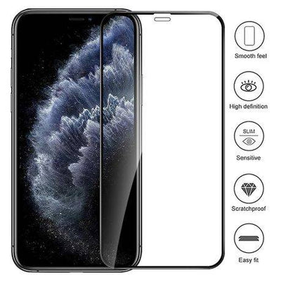 iPhone screen with Tempered Glass Screen Protector featuring smooth feel, high definition clarity, slim design, and scratchproof protection.