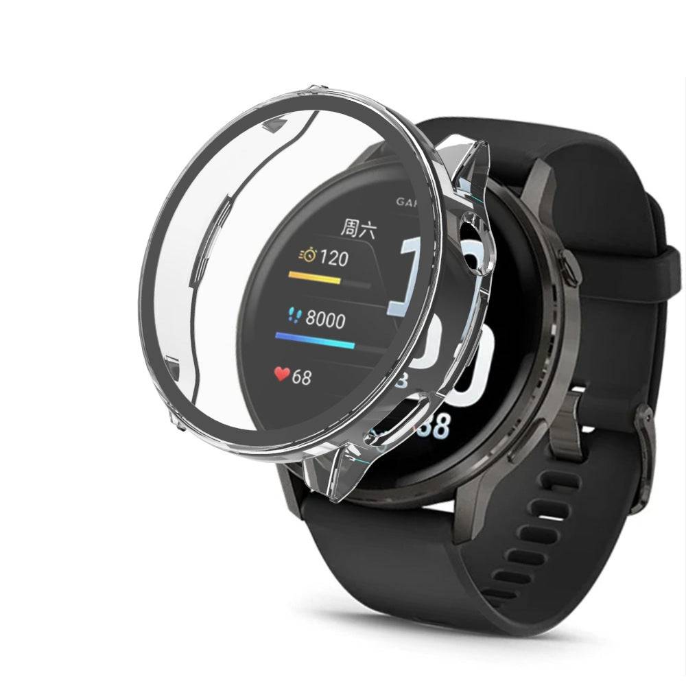 PC Protective Case for Garmin Venu 4 with built-in screen protector shown on smartwatch, offering full-edge coverage for 41mm & 45mm models.