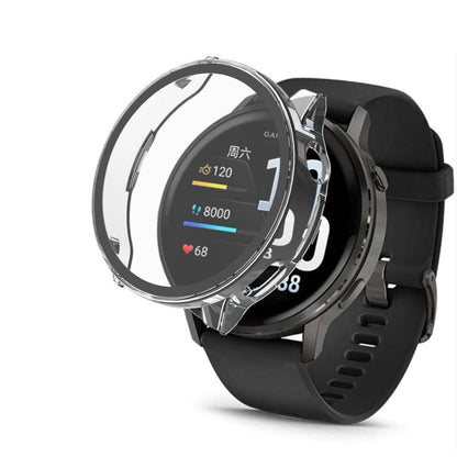 PC Protective Case for Garmin Venu 4 with built-in screen protector shown on smartwatch, offering full-edge coverage for 41mm & 45mm models.