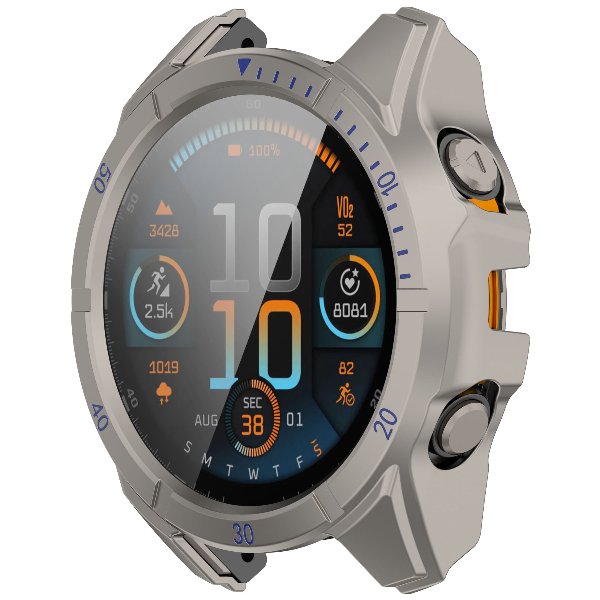 Close-up of Garmin Fenix 8 with PC protective case, highlighting its sleek and rugged design. Ensures full-screen protection with easy access to buttons.