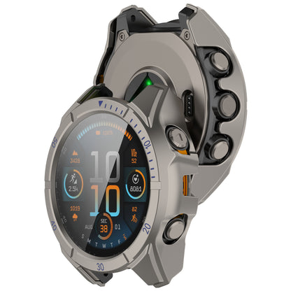 Garmin Fenix 8 smartwatch with PC protective case and charging dock. Durable and impact-resistant design for outdoor and sports enthusiasts.