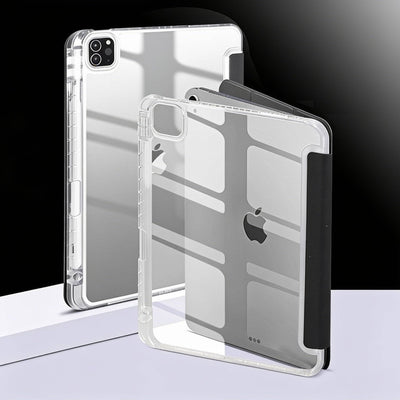 Close-up of clear iPad case with camera cutouts, showcasing slim profile and protective features for Apple devices