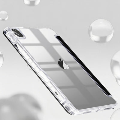 Transparent iPad case with precise cutouts, designed for sleek protection, shown with a stylus and stand, south africa