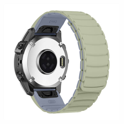 Shell QuickFit Magnetic Silicone Strap for GARMIN in beige and blue, shown from the back of a smartwatch, highlighting the magnetic clasp and 22mm fit.