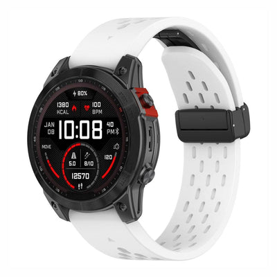 Sport QuickFit Silicone Strap for GARMIN in white with breathable mesh and black buckle, compatible with 20mm, 22mm, and 26mm Garmin watches.