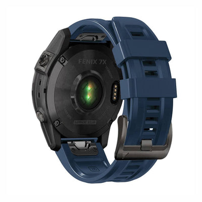 Back view of navy blue SportX QuickFit Silicone Strap for GARMIN Fenix 7X, rugged silicone band with secure fit and black buckle.