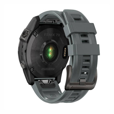 Back view of grey SportX QuickFit Silicone Strap for GARMIN Fenix 7X, showing rugged waterproof design and secure black buckle.