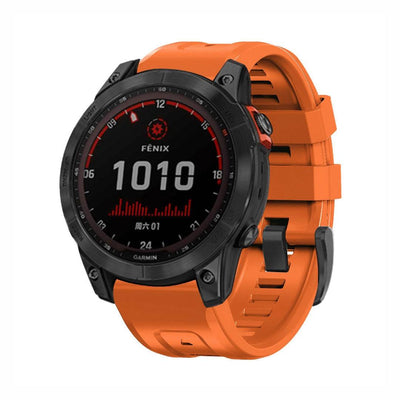 SportX QuickFit Silicone Strap for GARMIN in orange, rugged and waterproof strap with black buckle, fits Fenix 7 and 7X watches.