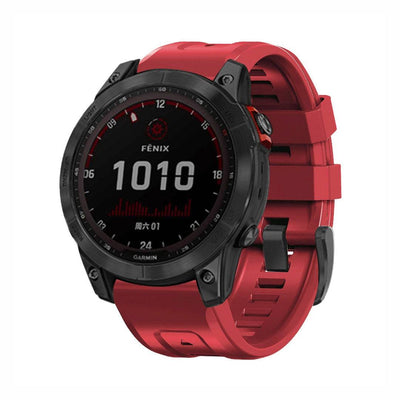 SportX QuickFit Silicone Strap for GARMIN in red with rugged black buckle, waterproof and compatible with Fenix 7 and 7X.