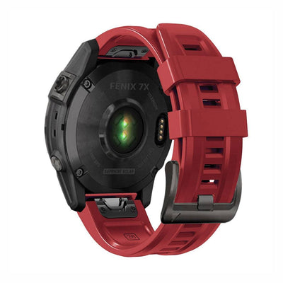 Back view of red SportX QuickFit Silicone Strap for GARMIN Fenix 7X, waterproof and durable with black buckle closure.