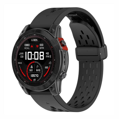 Sport QuickFit Silicone Strap for GARMIN in black, featuring breathable mesh silicone and folding clasp for a secure fit during outdoor activities.