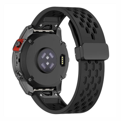 Back of black Sport QuickFit Silicone Strap for GARMIN with breathable mesh and folding clasp, designed for secure wrist fit.