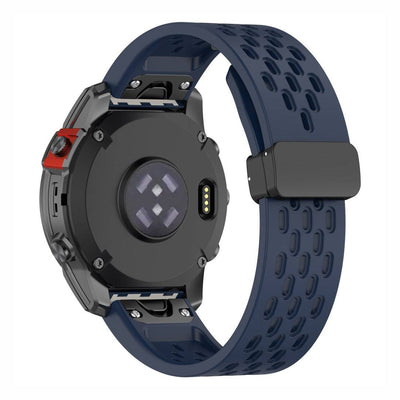 Rear view of navy blue Sport QuickFit Silicone Strap for GARMIN with mesh silicone and QuickFit attachment for 20mm, 22mm, and 26mm models.