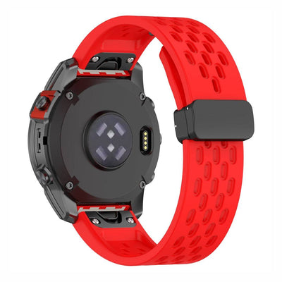 Rear view of red Sport QuickFit Silicone Strap for GARMIN showing mesh silicone and QuickFit system for fast strap changes.