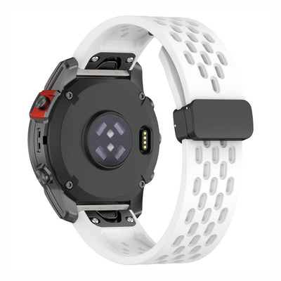 Back view of white Sport QuickFit Silicone Strap for GARMIN with breathable holes and secure black buckle for outdoor use.