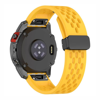 Rear view of yellow Sport QuickFit Silicone Strap for GARMIN with perforated silicone and QuickFit connector for easy installation.