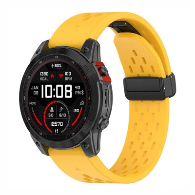 Yellow Sport QuickFit Silicone Strap for GARMIN with breathable holes and durable clasp, perfect for active lifestyles.
