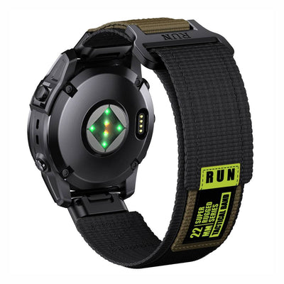 Rear view of Tactical QuickFit Strap for GARMIN in army green and black. Features Velcro closure and rugged nylon for secure fit and durability.