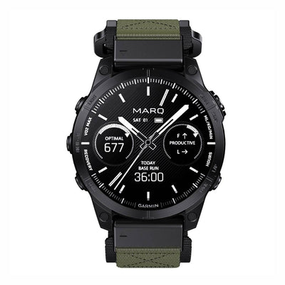 Front view of Garmin watch with Tactical QuickFit Strap in army green. Rugged nylon strap designed for 22/26mm Garmin models.