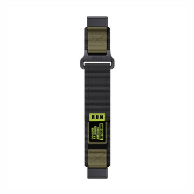 Flat layout of Tactical QuickFit Strap for GARMIN in army green and black. Nylon build with Velcro fastening for rugged outdoor use.