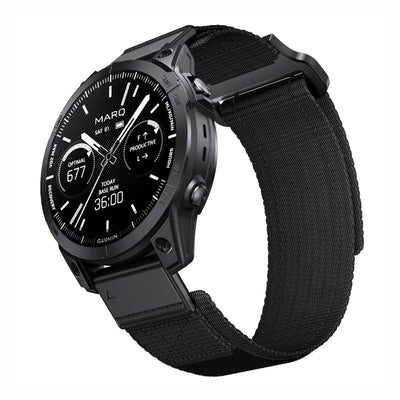 Black Tactical QuickFit Strap for GARMIN with nylon build and Velcro fastening. Secure fit for outdoor and athletic Garmin watch users.