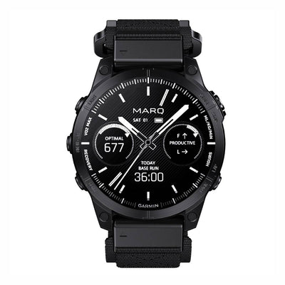 Front view of Garmin watch with Tactical QuickFit Strap in black nylon. Secure Velcro strap for 22/26mm Garmin models.