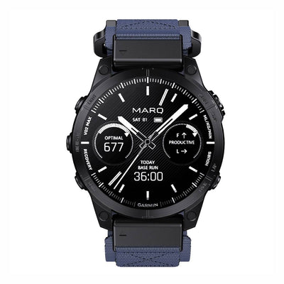 Front view of Garmin watch with Tactical QuickFit Strap in blue. Durable nylon strap with Velcro fastening for outdoor use.