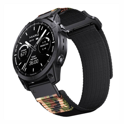 Camo and black Tactical QuickFit Strap for GARMIN with rugged nylon and Velcro closure. Built for tactical and outdoor Garmin watch users.