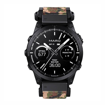 Front view of Garmin watch with Tactical QuickFit Strap in camo. Durable nylon strap with Velcro for tactical and outdoor use.