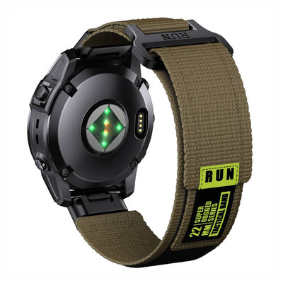 Rear view of Tactical QuickFit Strap for GARMIN in army green. Rugged nylon with Velcro fastening and neon label for 22mm Garmin watches.