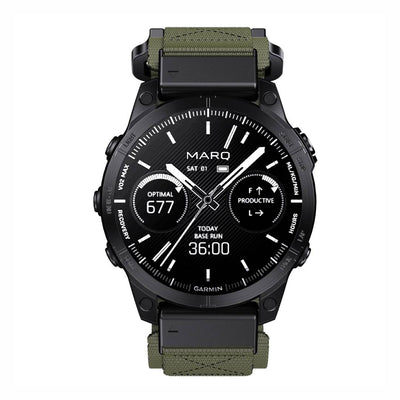 Front view of Garmin watch with Tactical QuickFit Strap in army green. Nylon strap with Velcro closure for rugged outdoor use.